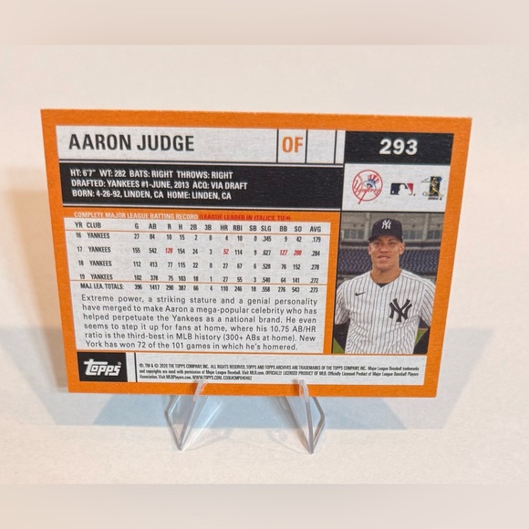2020 Topps Aaron Judge Baseball Card # 293 - Picture 2 of 8
